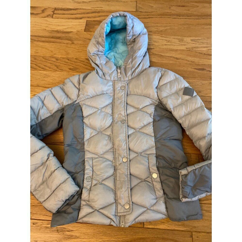 Hollister junior's grey puffer winter hooded button up jacket pockets size small